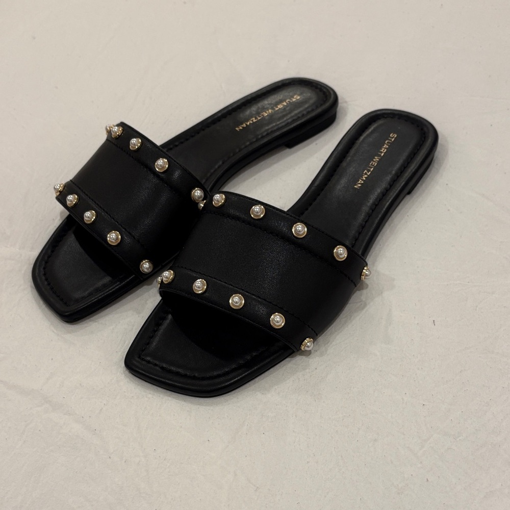 Stuart Weitzman Black Pearl-Stud Slide Mules